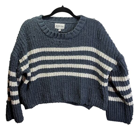 Olive + Oak Blue and White Oversized Cropped Sweater Women's Size XL Polyester - Picture 1 of 7